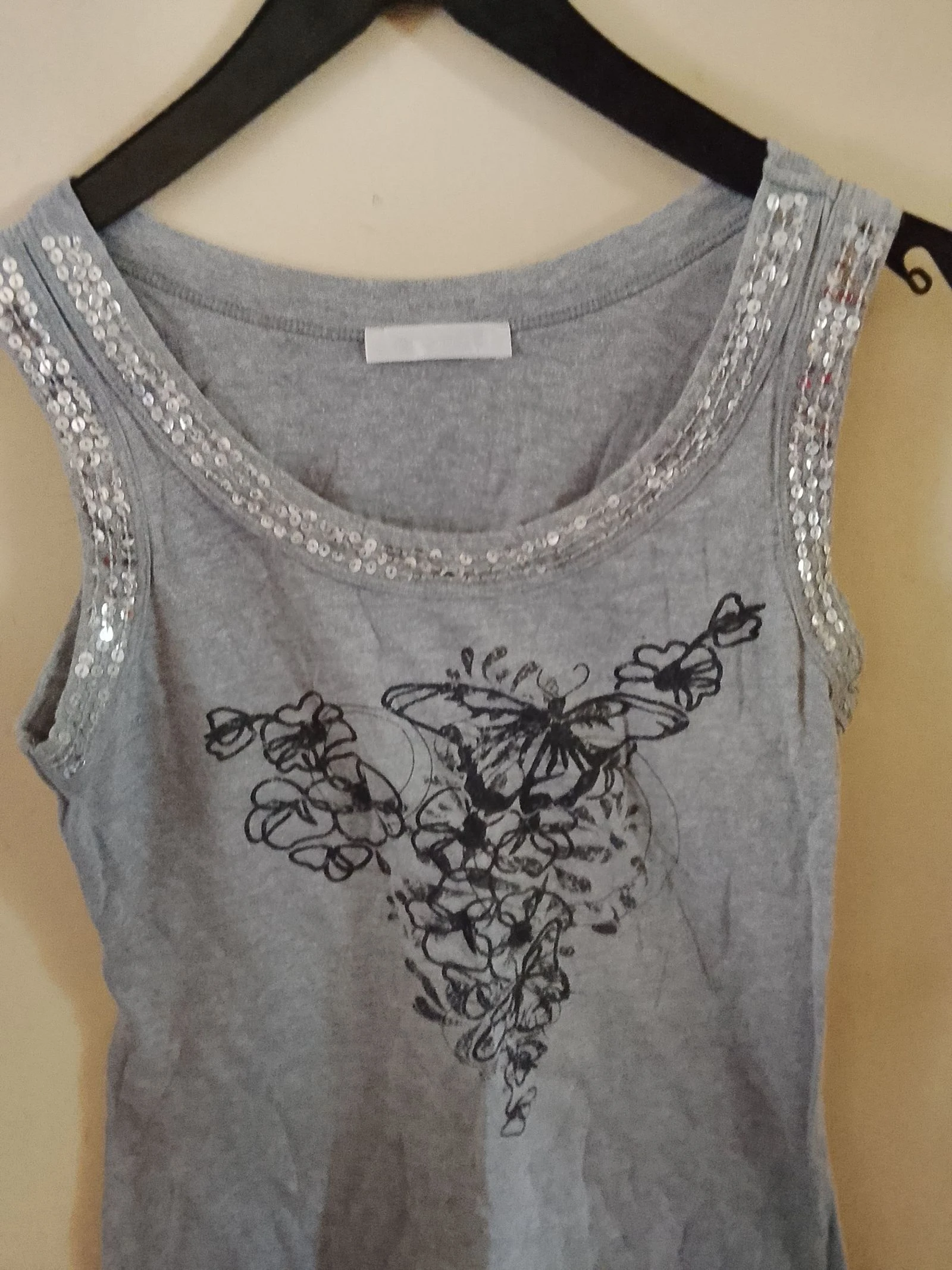 👒PROMOD Tamanho 38 top decote cinza e preto com lantejoulas prateadas em ótimo estado 👒 – photo 2